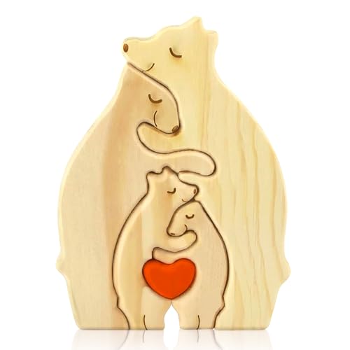 Personalisiertes Holzkunstpuzzle der Bärenfamilie mit Holz Bär Skulpturen Desktop Ornament Home Tischdekoration, Geschenk für Familie| Bürodekoration von Funmo