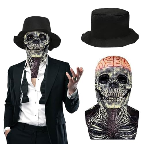 Funnity Halloween Totenkopf Maske, Gehirnblumen Totenkopfmaske mit Hut, Realistische Grusel-Design, Einheitsgröße für Erwachsene, Perfekt für Party, Cosplay & Festivals von Funnity