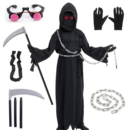Funnity Sensenmann Kostüm Kinder XL, mit Leuchtenden Brillen + Sensenmann Sensen + Ketten+Handschuhe Funnity Sensenmann Kostüm Kinder XL, mit Leuchtenden Brillen + Sensenmann Sensen + Ketten+Handschuhe von Funnity