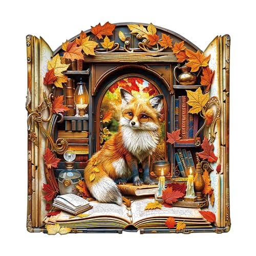 Funnli Holzpuzzle Erwachsene,Einzigartige Tierförmige/Pflanzen Holz-Puzzle (Bücherregal Fox), Wooden Puzzle Erwachsene Mit Geschenkbox Aus Holz von Funnli