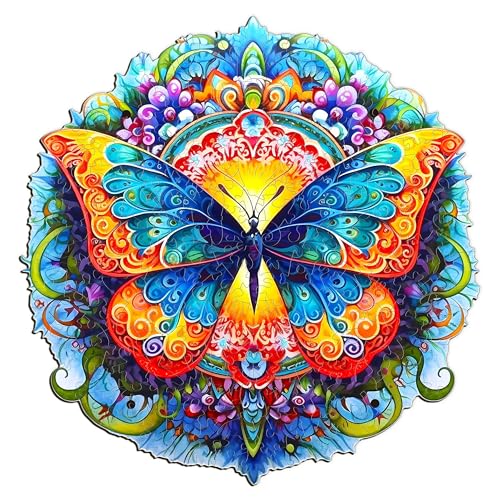 Funnli Holzpuzzles für Erwachsene und Kinder,Einzigartige Pflanze Holz-Puzzle (Mandala Schmetterling), Puzzle aus Pflanzen (S-20.7 * 20.2cm-90pcs) von Funnli