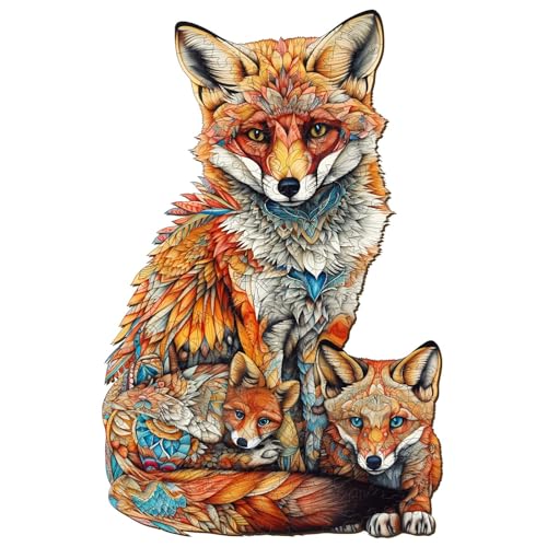 Funnli Holzpuzzles für Erwachsene und Kinder,Einzigartige Tierförmige Holz-Puzzle (Fox-Familie), Puzzle aus Tierteilen (L-18.3 * 11.8in-300 Stücks) von Funnli