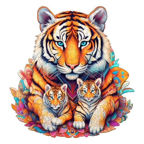 Funnli Holzpuzzles für Erwachsene und Kinder,Einzigartige Tierförmige Holz-Puzzle (Tiger-Familie), Puzzle aus Tierteilen (M-28.5 * 30cm-190 Stück) von Funnli