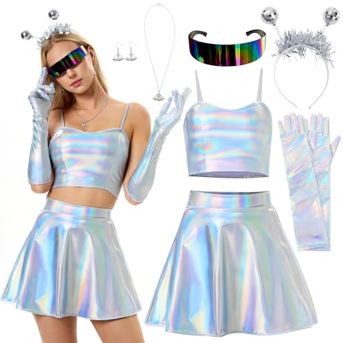 Funnlot Alien Kostüm Set, 7 Stück Alien Kostüm Damen Karneval Kostüm Set, Metallisch Crop Top mit Minirock,Space Kostüm Damen Accessoires Set für Fasching Party, XXL Funnlot Alien Kostüm Set, 7 Stück Alien Kostüm Damen Karneval Kostüm Set, Metallisch Crop Top mit Minirock,Space Kostüm Damen Accessoires Set für Fasching Party, XXL von Funnlot