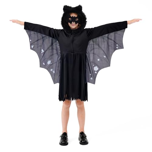 Funnlot Fledermaus Kostüm Kinder,Karneval Kostüm Mädchen 2Pcs Set Fledermaus Kleid mit Maske Faschingskostüme Kinder für Karneval L(10-12 Jahre) von Funnlot