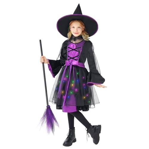 Funnlot Hexenkostüm Kinder, Faschingskostüme Mädchen mit Hexenkleid Hexenhut Hexen Besen Karneval Kostüm Kinder für Fasching S (3-4 Jahre) von Funnlot