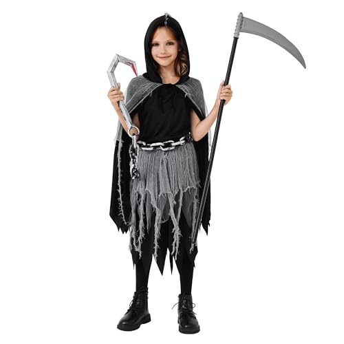 Funnlot Sensenmann Kostüm Kinder, Halloween Gruselig Mit Sense für Mädchen - Karneval Fasching S(5-6 Jahre) von Funnlot