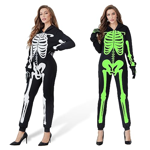 Funnlot Skelett Kostüm Damen Halloween Kostüm Fasching Karneval Leuchtend Skelett Jumpsuit Overall mit Skelett Handschuhe L(40-42) von Funnlot