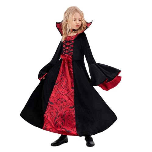 Funnlot Vampir Kostüm Mädchen Gothic Halloween Kostüm Kleid mit Vampir Zähne Kinder Karneval Fasching Kostüme Cosplay L(10-12 Jahre) von Funnlot