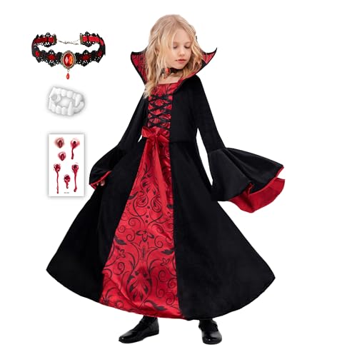 Funnlot Vampir Kostüm Mädchen Gothic Halloween Kostüm Kleid mit Vampir Zähne Kinder Karneval Fasching Kostüme Cosplay L(10-12 Jahre) von Funnlot