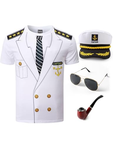 Funny World Herren Captain T-Shirt Grafik Kurzarm Yacht Party Kostüm, Weißes Kostüm-Set, XXL von Funny World