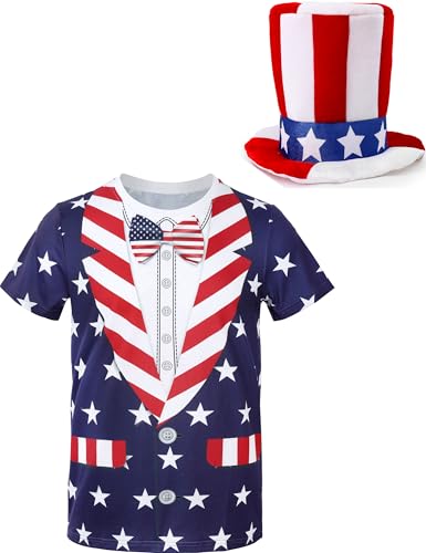 Funny World Herren T-Shirt mit amerikanischer Flagge, patriotisch, grafisch, kurzärmelig, 4. Juli, Blaues Kostüm-Set, M von Funny World