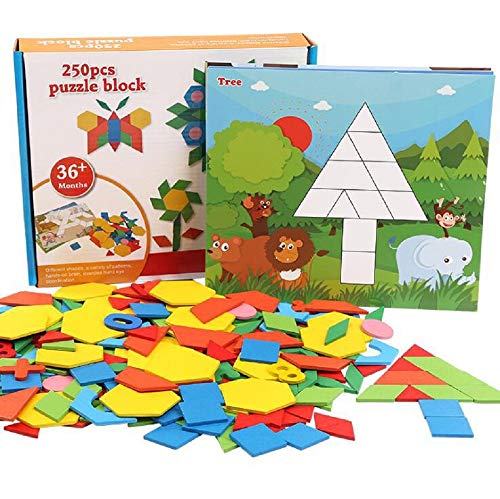 FunnyGoo 250 Stücke Kinder Intelligenz Entwicklung DIY Tangram Puzzle Holzpuzzle Lernspielzeug mit 15 stücke Flash Cards von FunnyGoo