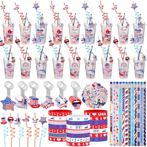 194-teiliges Partygeschenk-Set für den 4. Juli, Partyzubehör, Geschenkset, Unabhängigkeitstag, Tassenfüller, patriotischer Party-Schlüsselanhänger, Bleistift, Silikon-Armband für Gedenktag von Funnymoom