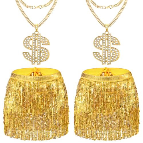 Funnysoft 2er-Set Halloween-Kostüm, Goldgräber-Kostüm, 2 goldene Pailletten-Quasten, 2 goldene Halsketten, Tanz-Hüftschal für Damen, Party (Dollarkette) von Funnysoft