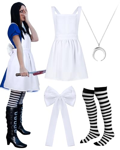 Funnysoft 4-teiliges Dienstmädchenkleid, Kostüm, ausgefallene Schürze, weiße Schleife, Anime, Lolita-Kleid für Halloween, Weihnachten, Verkleidungsparty von Funnysoft