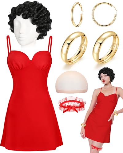 Funnysoft 7-teiliges Halloween-Kostüm für Damen 2025, rotes Riemenkleid, Flapper-Perücke, Oberschenkel, Spitze, Strumpfbänder, Cosplay-Outfits, Zubehör, Größe L von Funnysoft