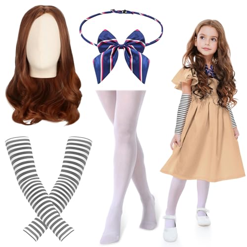 Funnysoft Halloween-Horrorfilm-Kostüm, Mädchen, Halloween, Horror-Party, Cosplay, Fliege, Socken, Armstulpen, Perücke für Halloween, Outfit, Zubehör, 4 Stück von Funnysoft