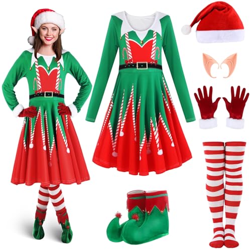 Funnysoft Weihnachtselfen-Kostüm-Set für Damen, Weihnachtselfen-Outfit, Kleid, Schuhe, Zubehör für Erwachsene, Cosplay, Größe XL, 10-teilig Funnysoft Weihnachtselfen-Kostüm-Set für Damen, Weihnachtselfen-Outfit, Kleid, Schuhe, Zubehör für Erwachsene, Cosplay, Größe XL, 10-teilig von Funnysoft