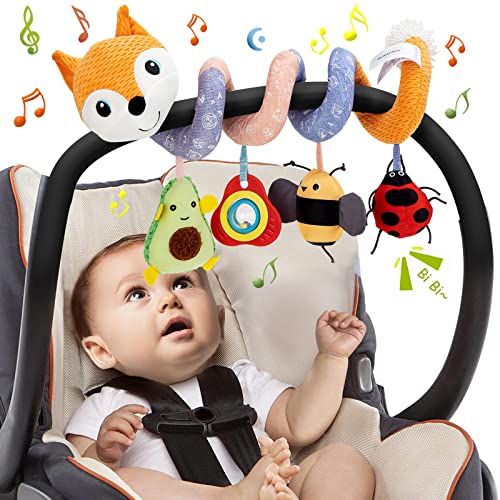 Funsland Kinderwagen Spielzeug, Baby Activity Spirale Spielzeug mit Musik, Hängendes Spiral Plüsch Spielzeug für Kinderbett/Autositz/Babyschale, Neugeborene Geschenk für Baby 0 3 6 12 Monate, Orange von Funsland