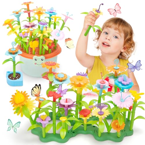 Funsland Blumengarten Spielzeug ab 3 Jahre Mädchen, 2 in 1 Aufbewahrungskist, 123 Stück Steckblumen, Montessori DIY Blumen Steckspiel Kinder, Kreativität Kunst Geschenk für Mädchen ab 3 Jahren von Funsland