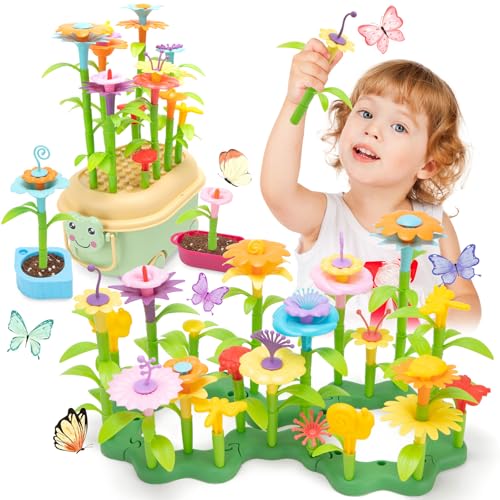 Funsland Blumengarten Spielzeug ab 3 Jahre Mädchen, 2 in 1 Aufbewahrungskist, 98 Stück Steckblumen, Montessori DIY Blumen Steckspiel Kinder, Kreativität Kunst Geschenk für Mädchen ab 3 Jahren von Funsland