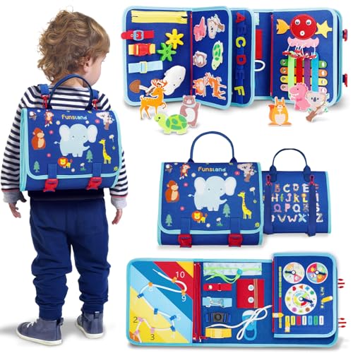 Funsland Busy Board Montessori Spielzeug - Kleinkind Activity Board Auto Flugzeug Reisespielzeug, Baby Motorikspielzeug, Sensorik Lernspielzeug Geschenk Mädchen Jungen ab 2 3 4 Jahre, Blau von Funsland