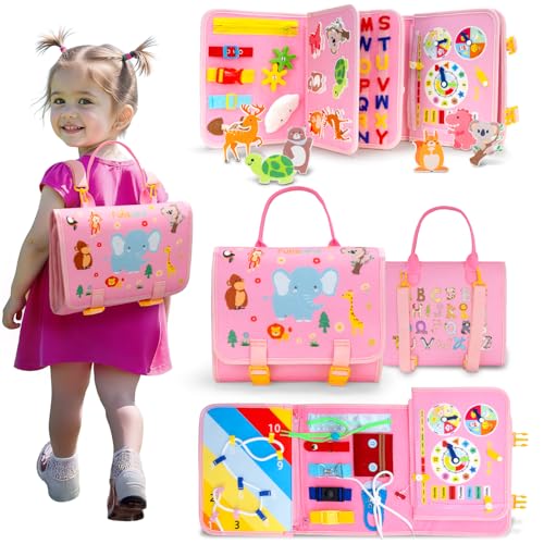 Funsland Busy Board Montessori Spielzeug, Kleinkind Quiet Book Activity Board Auto Flugzeug Reisespielzeug, Baby Motorikspielzeug, Sensorik Lernspielzeug Geschenk Mädchen ab 1 2 3 4 Jahre, Rosa von Funsland