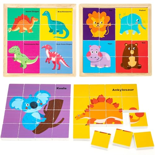 Funsland Doppelseitiges Holzpuzzle Kinder, Puzzle ab 3 4 5 Jahre, 2 Stück Tiere & Dinosaurier, Vorschule Lehrreiches Spielzeug Montessori,Geschenke für Mädchen Jungen von Funsland