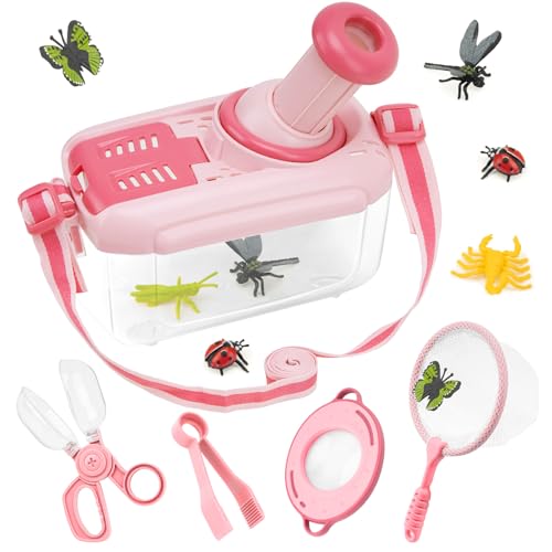 Funsland Forscherset für Kinder ab 4, Entdecker Set mit Insekten Beobachtungsbox, Lupenglas Kinder, Insektenfänger, 12 Gefälschte Insekten, Schmetterlingsnetz, Grün (Rosa) von Funsland