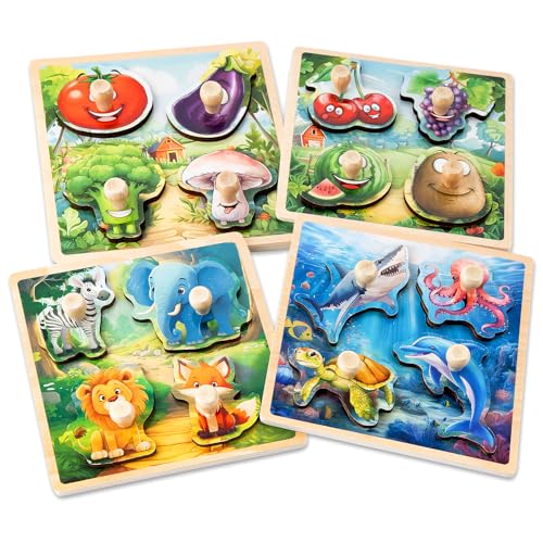 Funsland Holzpuzzle 1 Jahr, 4 Stück Steckpuzzle Holz Kleinkind Montessori Baby Puzzle mit Griff, Holzspielzeug Tiere Gemüse Früchte Lernspielzeug, Kinder Motorikspielzeug Geschenk ab 1-2 Jahr Funsland Holzpuzzle 1 Jahr, 4 Stück Steckpuzzle Holz Kleinkind Montessori Baby Puzzle mit Griff, Holzspielzeug Tiere Gemüse Früchte Lernspielzeug, Kinder Motorikspielzeug Geschenk ab 1-2 Jahr von Funsland
