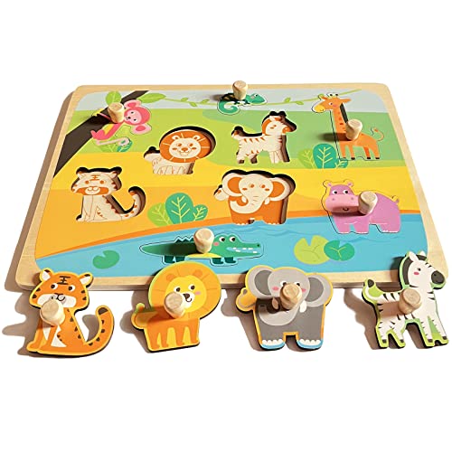 Funsland Holzpuzzle Kinder, Tier Cartoon-Muster Holzpuzzle Holzspielzeug mit Griffen, Montessori Spielzeug ab 1 2 3 Jahr, Lernspielzeug Pädagogisches Spielzeug Geschenk für Kinder von Funsland