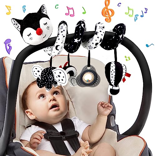 Funsland Kinderwagen Spielzeug, Kinderbett Spiralspielzeug mit Musik, Autositz Fuchs Aktivität Spiral Plüsch , Bett Hängendes für Babys 0-6 Monate (Schwarzfuchs) von Funsland