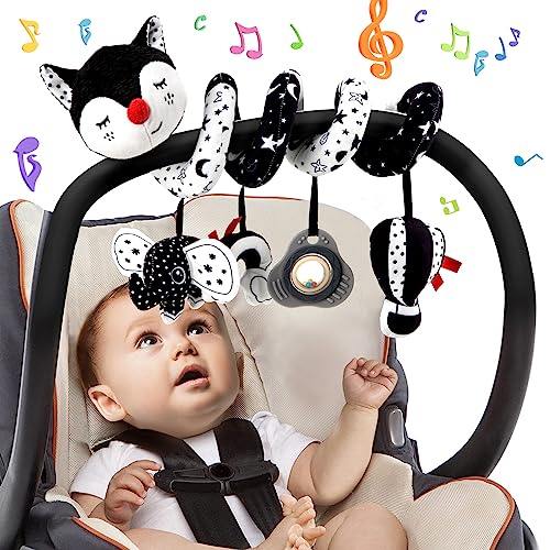 Funsland Kinderwagen Spielzeug, Baby Activity Spirale Spielzeug mit Musik, Hängen Plüsch Schwarz Weiss Kontrast Spielzeug für Kinderbett/Autositz/Babyschale, Neugeborene Geschenk für 0 3 6 12 Monate von Funsland