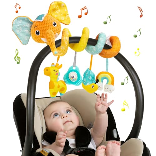 Funsland Kinderbett Spiralspielzeug, Baby Spielzeug für Kinderwagen, Autositz Spielzeug Aktivität Spiral Plüsch Spielzeug mit Musik, Bett Hängendes Spielzeug für Babys 0-6 Monate(Orange Elephant) von Funsland