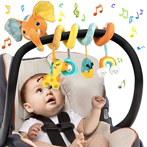 Funsland Kinderbett Spiralspielzeug, Baby Spielzeug für Kinderwagen, Autositz Spielzeug Aktivität Spiral Plüsch Spielzeug mit Musik, Bett Hängendes Spielzeug für Babys 0-6 Monate(Orange Elephant) von Funsland