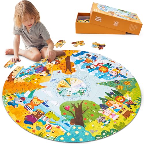 Funsland Kinderpuzzle ab 3, Saisonale Waldtiere, 88 Teile, Rund 3-7 Jährige Kinder Puzzle Spielzeug, Puzzle für Jungen und Mädchen 8-10 Jahren Geburtstagsgeschenk von Funsland