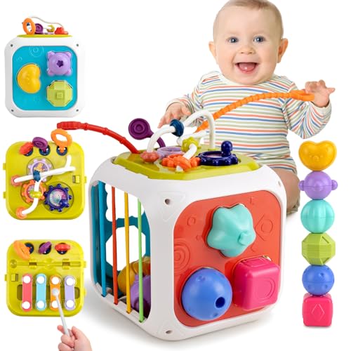 Funsland Montessori Spielzeug ab 1 Jahr - 7 in 1 Motorik Spielzeug, Shape Sortier Stapelspielzeug, Aktivitätswürfel Baby Lerngeschenk für Kleinkinder 1 2 3 Jahre von Funsland