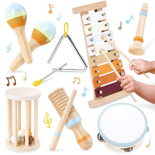 Funsland Musikinstrumente für Kinder ab 3 Jahr, Holz Montessori Trommel Kinder, Xylophon Regenmacher Baby, Kind 2 3 4 Jahr Geschenkideen von Funsland