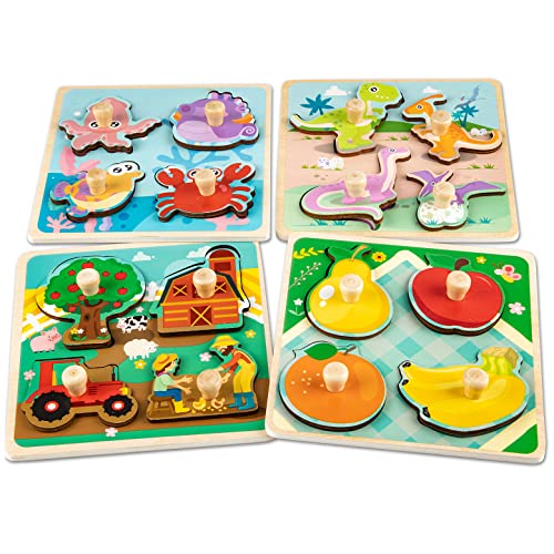 Funsland Holzpuzzle Holzspielzeug für Kinder, 4 Stück Cartoon-Muster Kinder Holzpuzzle mit Griffen, Montessori Spielzeug ab 1 2 3 Jahr, Lernspielzeug Pädagogisches Spielzeug Geschenk für Kinder von Funsland