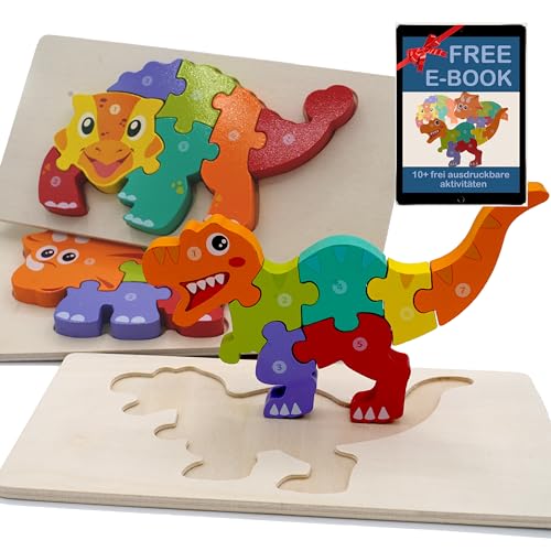 FUNTECH 3er Pack Holzpuzzle ab 2 3 4 Jahre, Puzzle Dinosaurier mit Aufbewahrungsbeutel, Montessori Spielzeug ab 2 Jahre, Geschenke für Kinder Jungen und Mädchen von FUNTECH