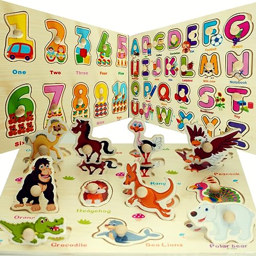 FUNTECH Set mit 3 holzpuzzle 1 Jahr, 2 und 3 Jahren mit Griffen zum Halten der Teile Tier, Alphabet und Zahlenpuzzle, Montessori steckpuzzle, Lern und Frühförderungsspielzeug, Geschenke für Kinder von FUNTECH