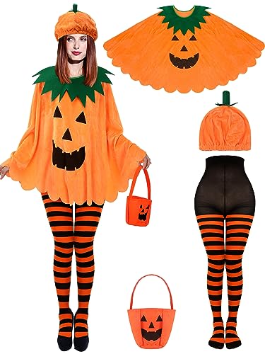 Funtery 4 Pcs Halloween Erwachsene Kürbis Kostüm Set Kürbis Umhang Poncho mit Süßigkeiten Tasche Lustige Hut Gestreifte Strumpfhose für Frauen Party Cosplay Kleidung von Funtery