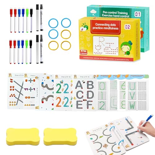 Scribble Smart Workbook Set, 64 Seiten + 56 Seiten, wiederverwendbares Vorschul-Handschriftbuch, Stiftsteuerung, Linienverfolgung, Arbeitsbuch mit Stiften für Kinder im Alter von 2, 3, 4, 5, 6 Jahren von Funvalley Surperfect