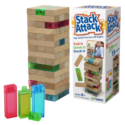 Funwares Holzblöcke, Stapelspiel, Tumbling Tower und Balance-Spiel, Familien- und Partyspaß, Spiel für Kinder und Erwachsene, ab 6 Jahren, Tower of Sips – fügen Sie einen Getränke-Twist zu von Funwares