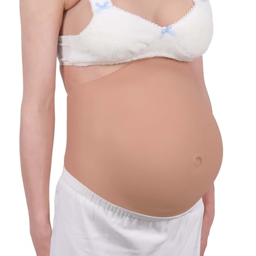 Funxzior Realistischer Silikon Schwangerschaftsbauch Mesh Design Falscher Babybauch für Schauspieler Schwanger Bauch Cosplay Kostüme Filmrequisiten (Drittes Trimester, Taillengröße M, Bräune) von Funxzior
