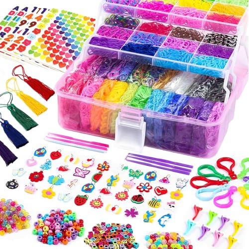 Loom Bänder Set XXL Koffer mit reichen Zubehör über 15000+ Gummis in 28 Farben Inkl.Halsketten,Ringe und Gummiband Armbänder selber machen Gummi Bastelset Kinder ab 6 Jahre von FunzBo
