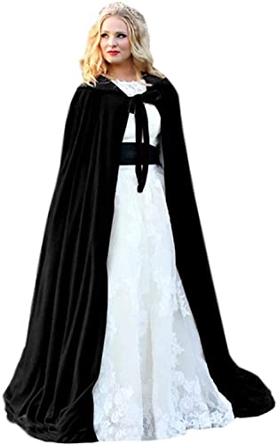 Fuomomo Schwarz Mittelalter Umhang mit Kapuze Lange Cape Vampir Kostüm Erwachsener Hochzeit Braut Abend Brautschal Brautumhang, M von Fuomomo