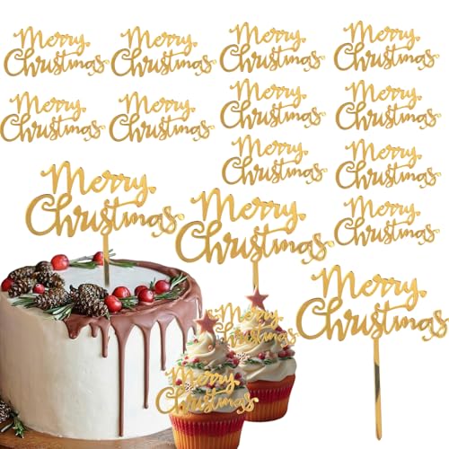 12 Stück Weihnachts-Kuchenaufsätze, Acryl, Spiegel, Frohe Weihnachten, Cupcake-Topper für Winter, Weihnachten, Urlaub, Partyzubehör (12, Gold) von Furimuk