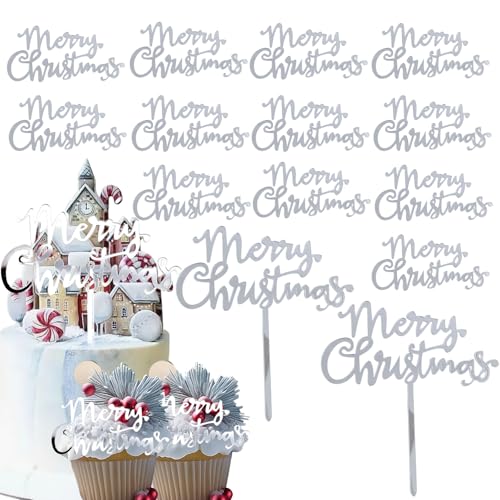 12 Stück Weihnachts-Kuchenaufsätze, Acryl, Spiegel, Frohe Weihnachten, Cupcake-Topper für Winter, Weihnachten, Urlaub, Partyzubehör (12, Silber) von Furimuk